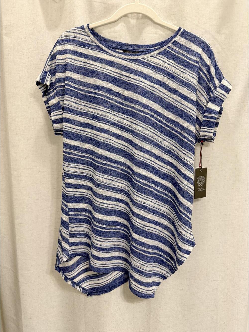 Vince Camuto Women’s Size Medium Top Blue and White Striped Short Sleeve
